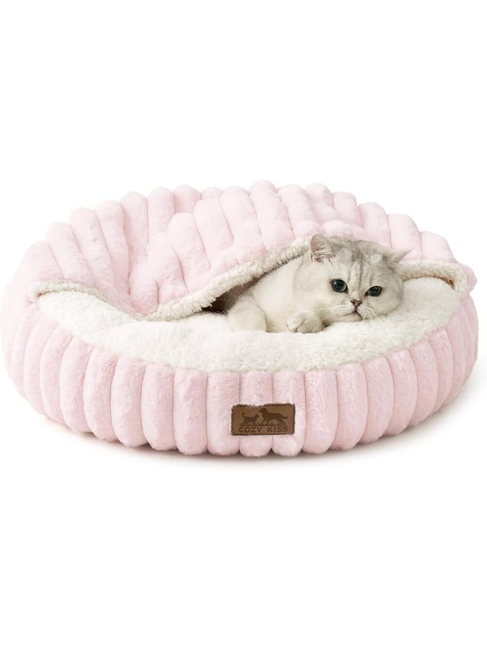 Cozy Round Fluffy Cat Bed with Hooded Blanket, Anti-Anxiety Donut Cuddler